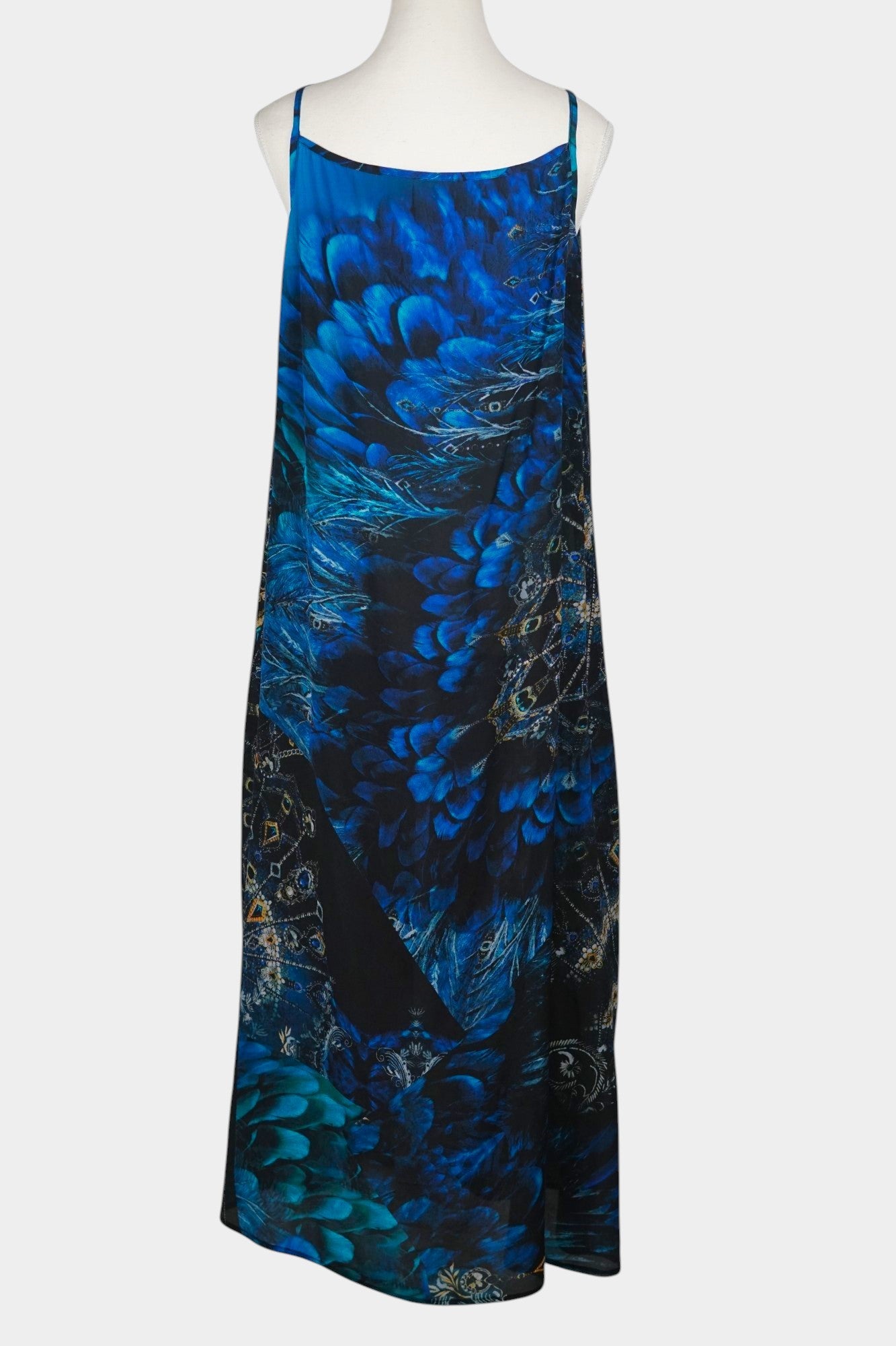 Handmade Mulberry Silk Maxi Dress | Blue Feather & Paisley Print