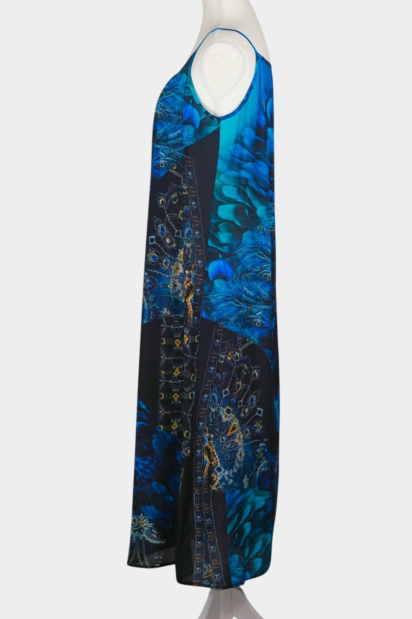 Handmade Mulberry Silk Maxi Dress | Blue Feather & Paisley Print