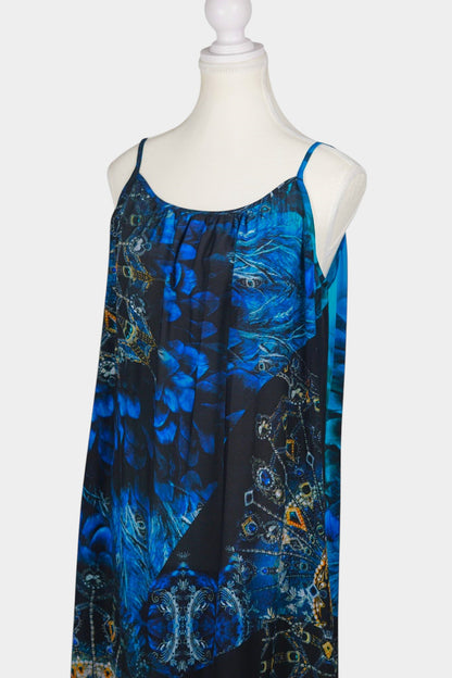 Handmade Mulberry Silk Maxi Dress | Blue Feather & Paisley Print