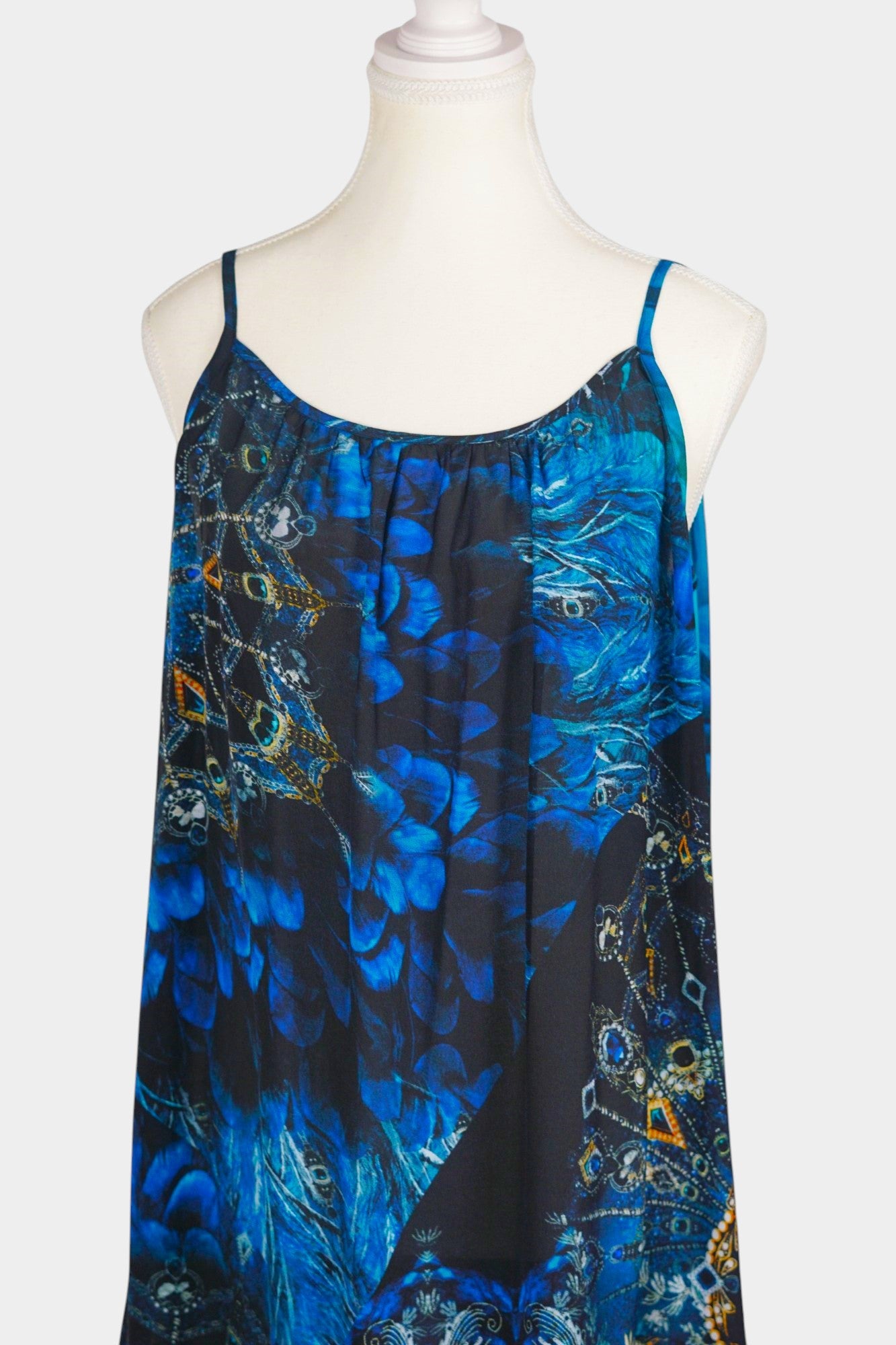 Handmade Mulberry Silk Maxi Dress | Blue Feather & Paisley Print