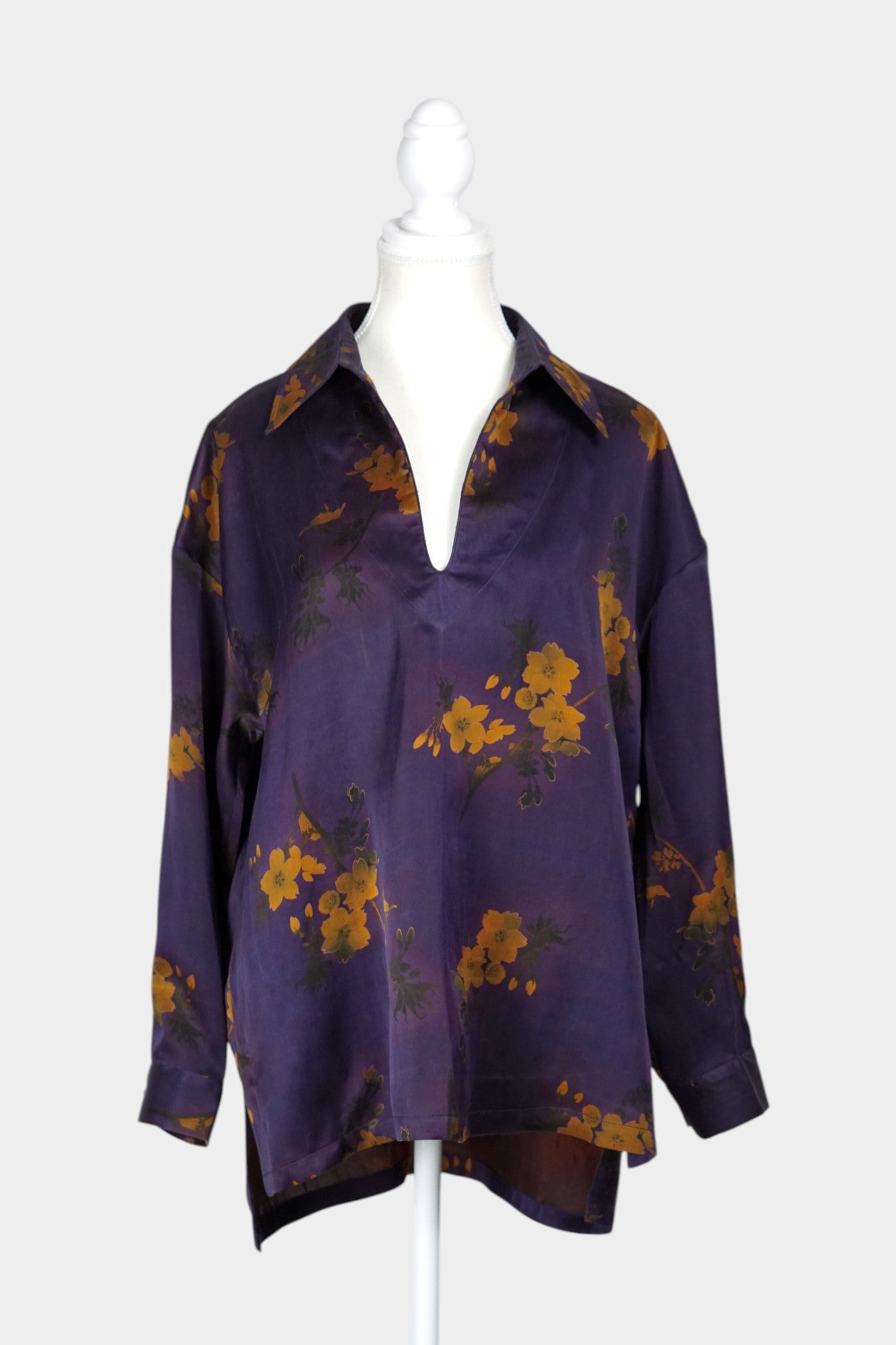 Handmade Gambiered Guangdong Gauze Silk Oversized Top | Floral Print