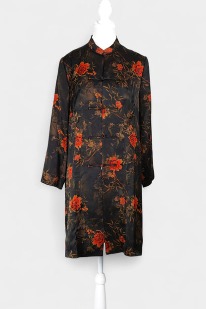 Traditional Handcrafted Gambiered Guangdong Gauze Silk Dress | Dark Brown & Floral