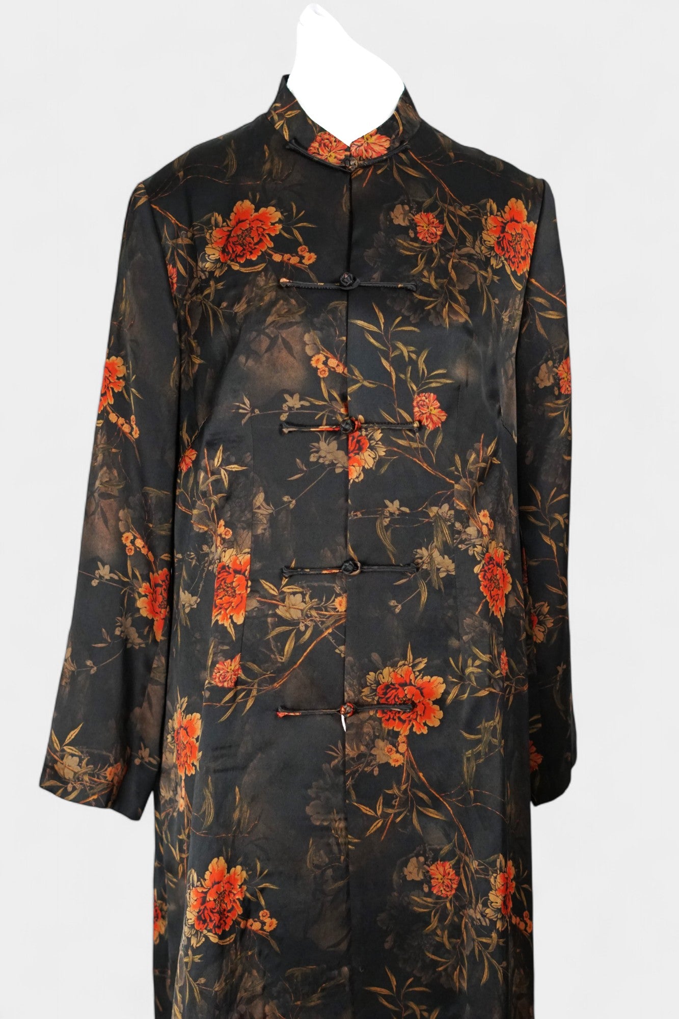 Traditional Handcrafted Gambiered Guangdong Gauze Silk Dress | Dark Brown & Floral