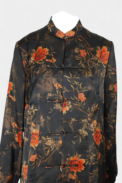 Traditional Handcrafted Gambiered Guangdong Gauze Silk Dress | Dark Brown & Floral