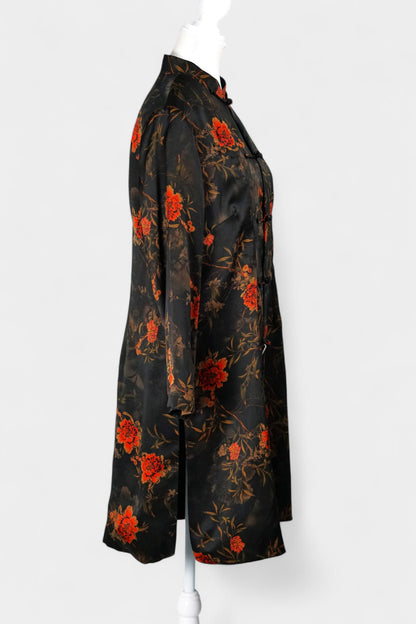 Traditional Handcrafted Gambiered Guangdong Gauze Silk Dress | Dark Brown & Floral