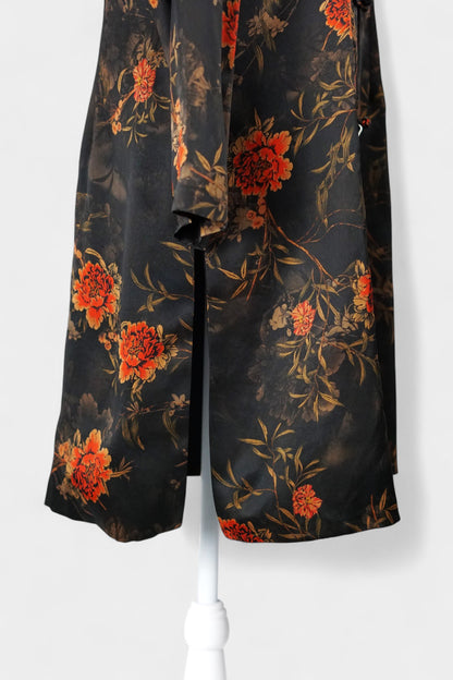 Traditional Handcrafted Gambiered Guangdong Gauze Silk Dress | Dark Brown & Floral