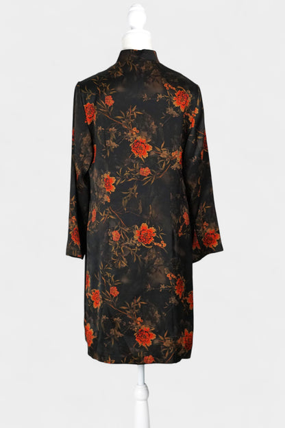 Traditional Handcrafted Gambiered Guangdong Gauze Silk Dress | Dark Brown & Floral