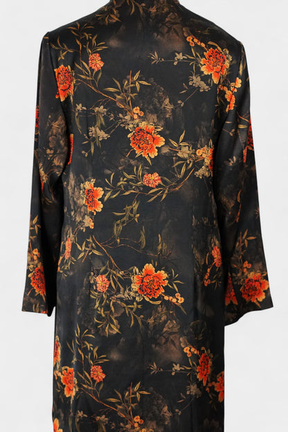 Traditional Handcrafted Gambiered Guangdong Gauze Silk Dress | Dark Brown & Floral