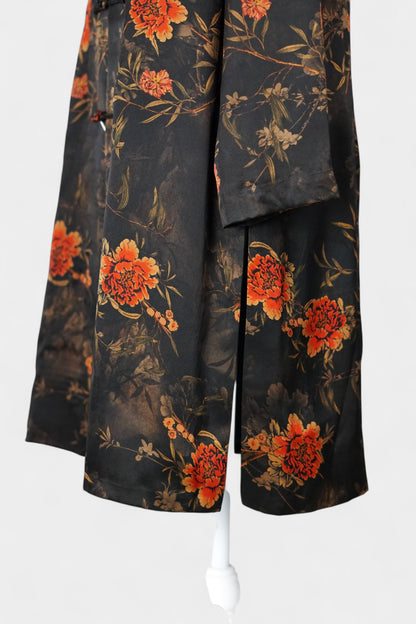 Traditional Handcrafted Gambiered Guangdong Gauze Silk Dress | Dark Brown & Floral