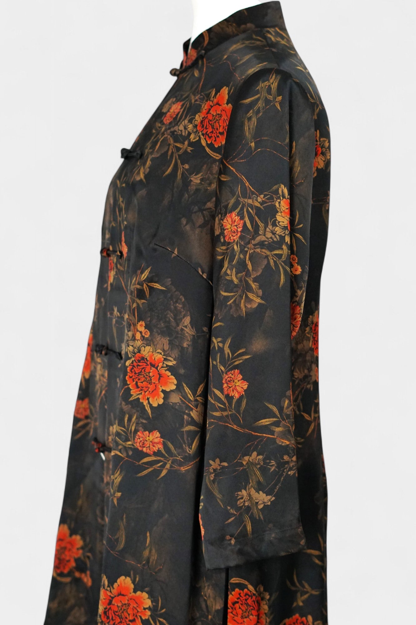 Traditional Handcrafted Gambiered Guangdong Gauze Silk Dress | Dark Brown & Floral