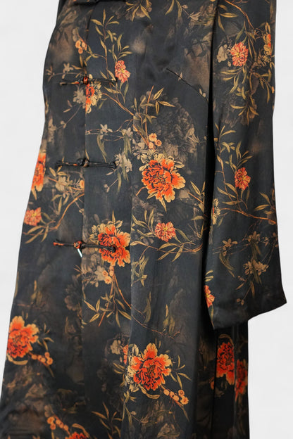 Traditional Handcrafted Gambiered Guangdong Gauze Silk Dress | Dark Brown & Floral