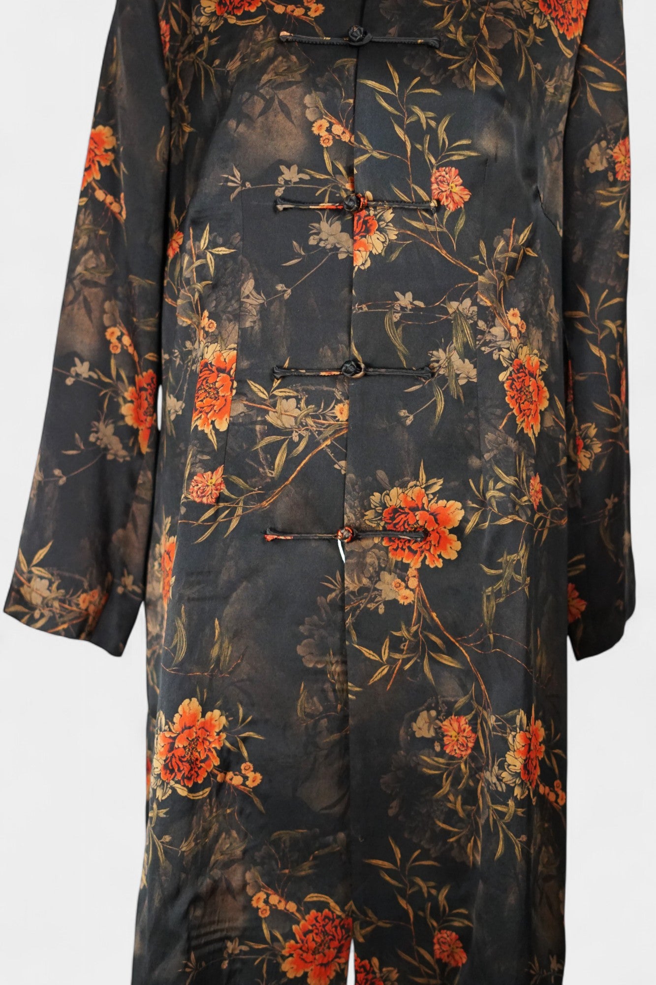 Traditional Handcrafted Gambiered Guangdong Gauze Silk Dress | Dark Brown & Floral