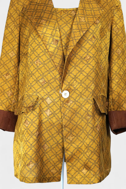 Gambiered Gauze Silk Blazer & Camisole Set | Gold Geometric Print