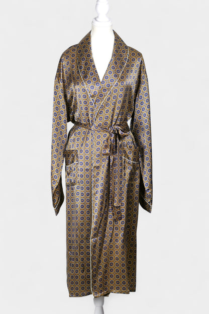 Mulberry Silk Robe | Gold & Blue Print | Long Dressing Gown