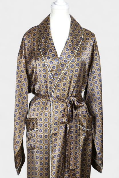 Mulberry Silk Robe | Gold & Blue Print | Long Dressing Gown