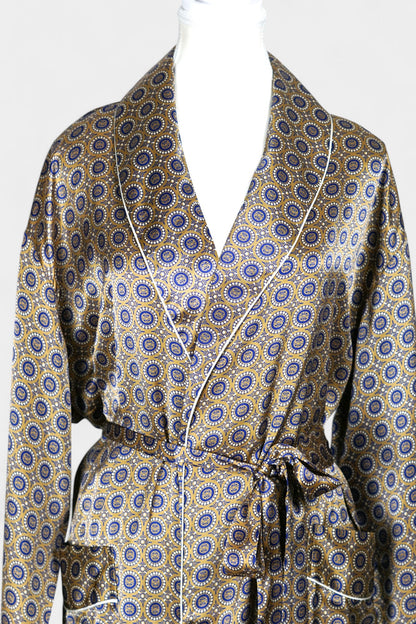 Mulberry Silk Robe | Gold & Blue Print | Long Dressing Gown