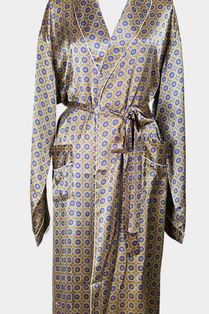 Mulberry Silk Robe | Gold & Blue Print | Long Dressing Gown