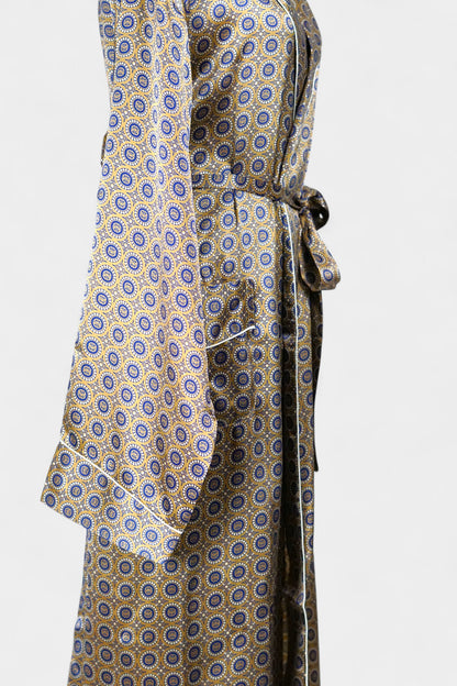 Mulberry Silk Robe | Gold & Blue Print | Long Dressing Gown