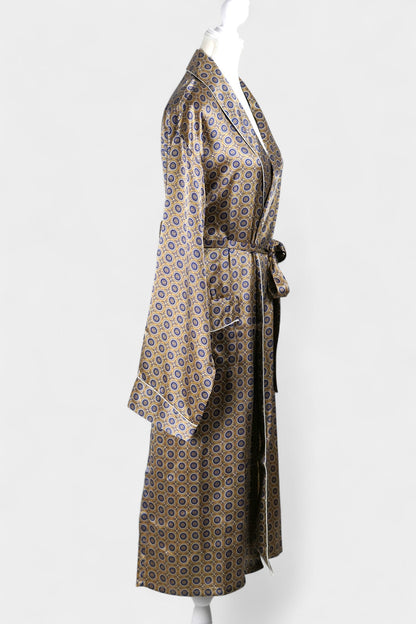 Mulberry Silk Robe | Gold & Blue Print | Long Dressing Gown