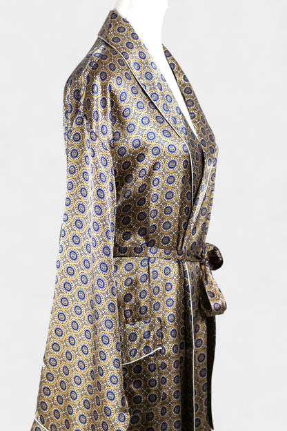 Mulberry Silk Robe | Gold & Blue Print | Long Dressing Gown