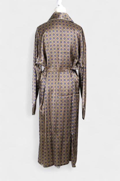 Mulberry Silk Robe | Gold & Blue Print | Long Dressing Gown