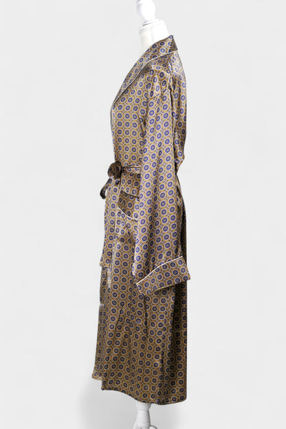 Mulberry Silk Robe | Gold & Blue Print | Long Dressing Gown