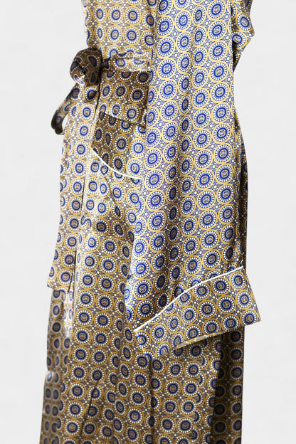 Mulberry Silk Robe | Gold & Blue Print | Long Dressing Gown