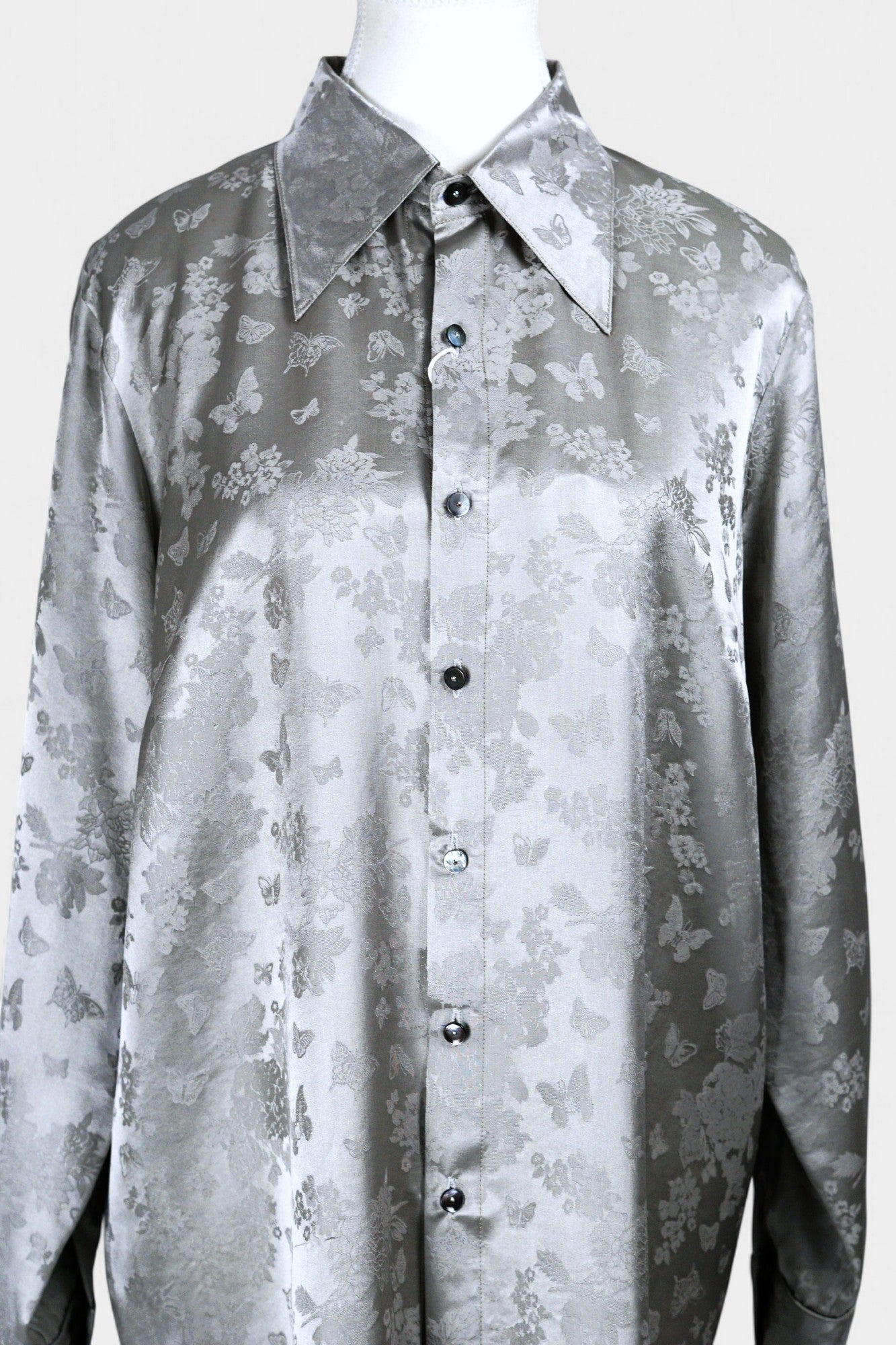 Handcrafted Mulberry Silk Shirt | Silver Floral Jacquard