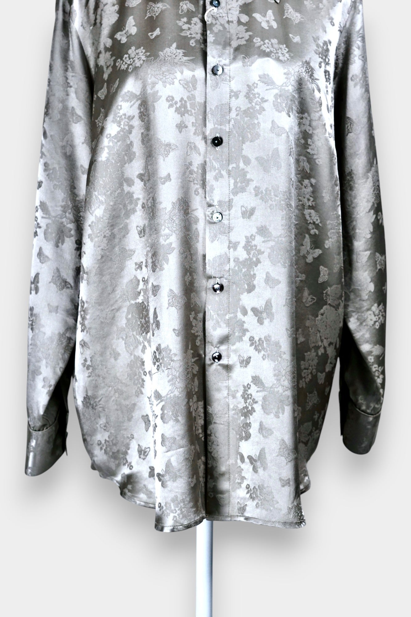 Handcrafted Mulberry Silk Shirt | Silver Floral Jacquard