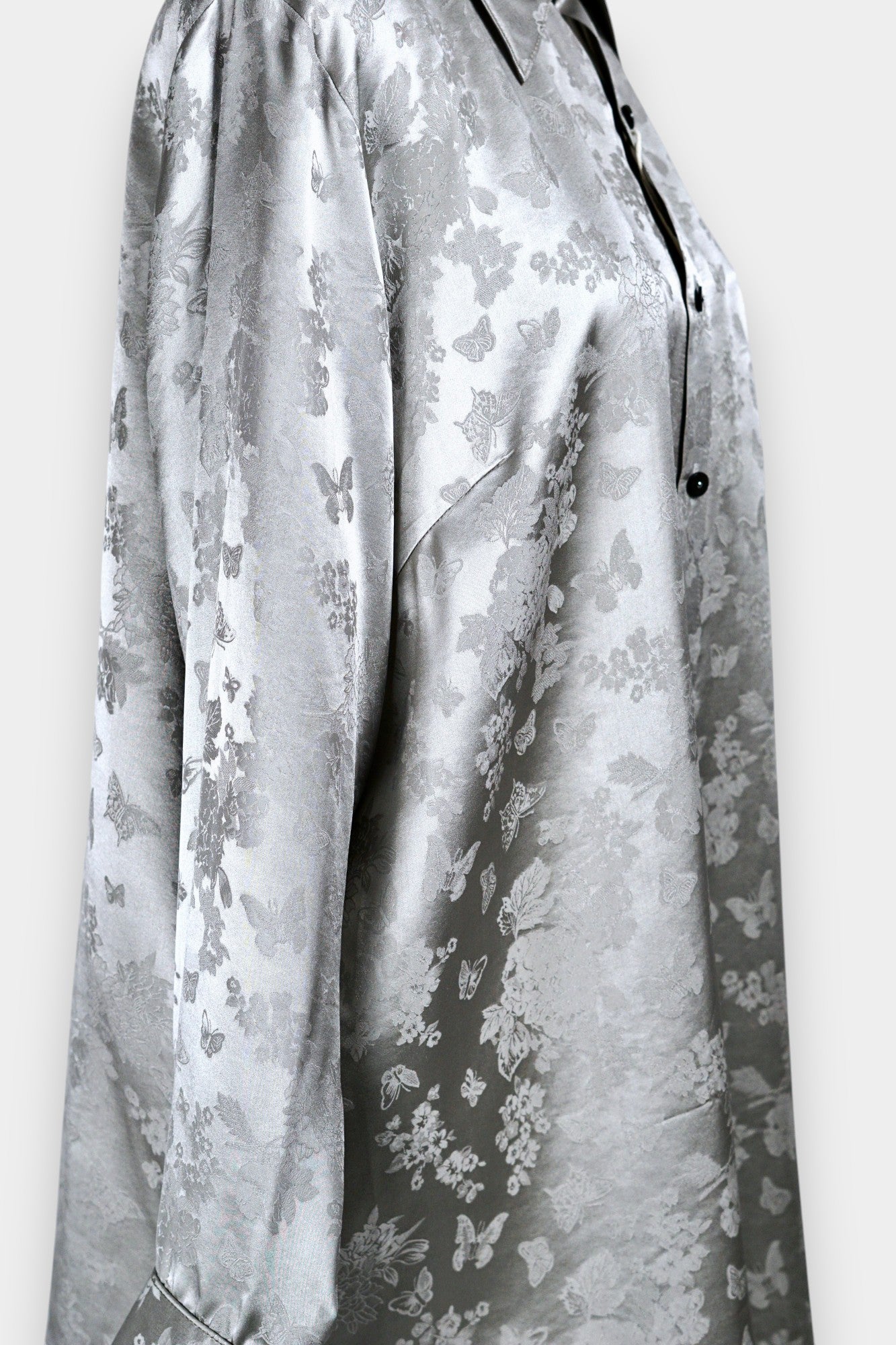 Handcrafted Mulberry Silk Shirt | Silver Floral Jacquard