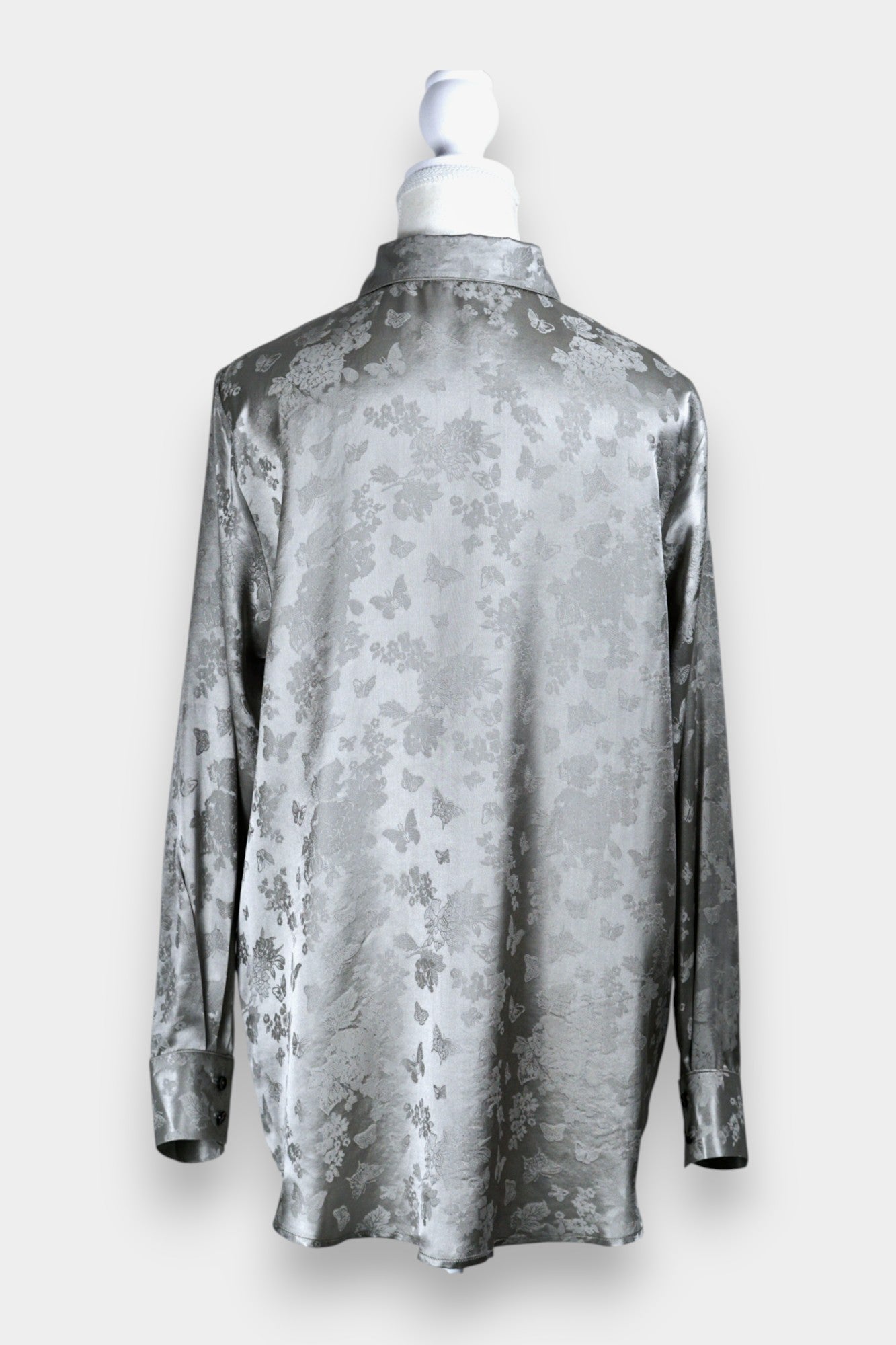 Handcrafted Mulberry Silk Shirt | Silver Floral Jacquard