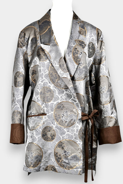 Gambiered Guangdong Gauze Silk Wrap Jacket | Silver Jacquard Weave