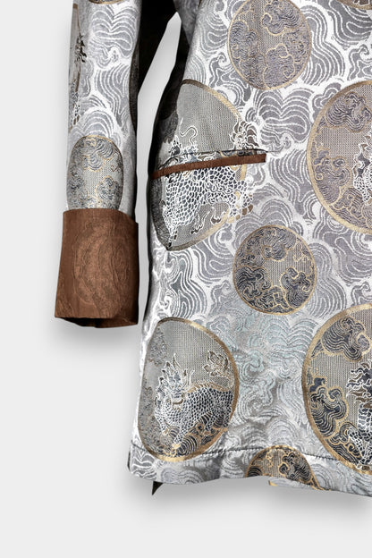 Gambiered Guangdong Gauze Silk Wrap Jacket | Silver Jacquard Weave