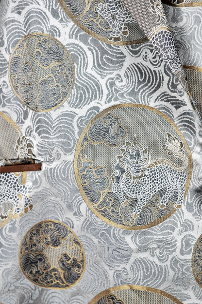 Gambiered Guangdong Gauze Silk Wrap Jacket | Silver Jacquard Weave