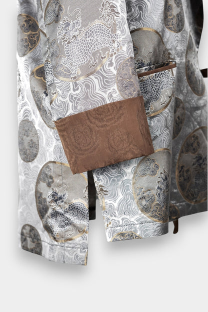 Gambiered Guangdong Gauze Silk Wrap Jacket | Silver Jacquard Weave