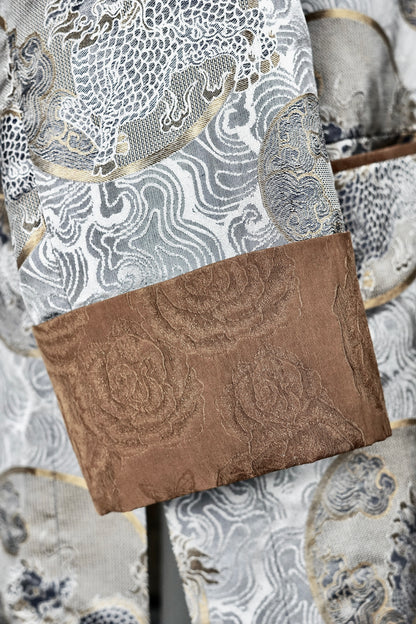 Gambiered Guangdong Gauze Silk Wrap Jacket | Silver Jacquard Weave