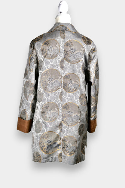 Gambiered Guangdong Gauze Silk Wrap Jacket | Silver Jacquard Weave
