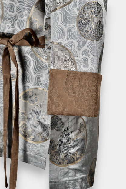 Gambiered Guangdong Gauze Silk Wrap Jacket | Silver Jacquard Weave