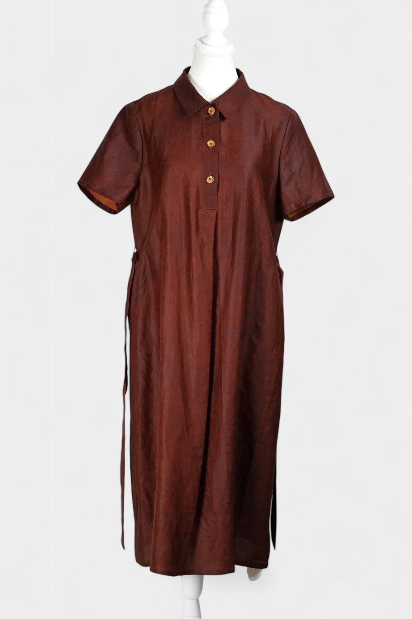 Gambiered Guangdong Gauze Silk Dress | Red-Brown Short Sleeve