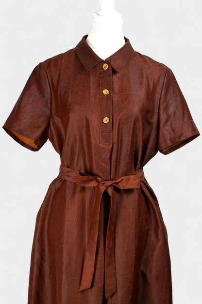 Gambiered Guangdong Gauze Silk Dress | Red-Brown Short Sleeve