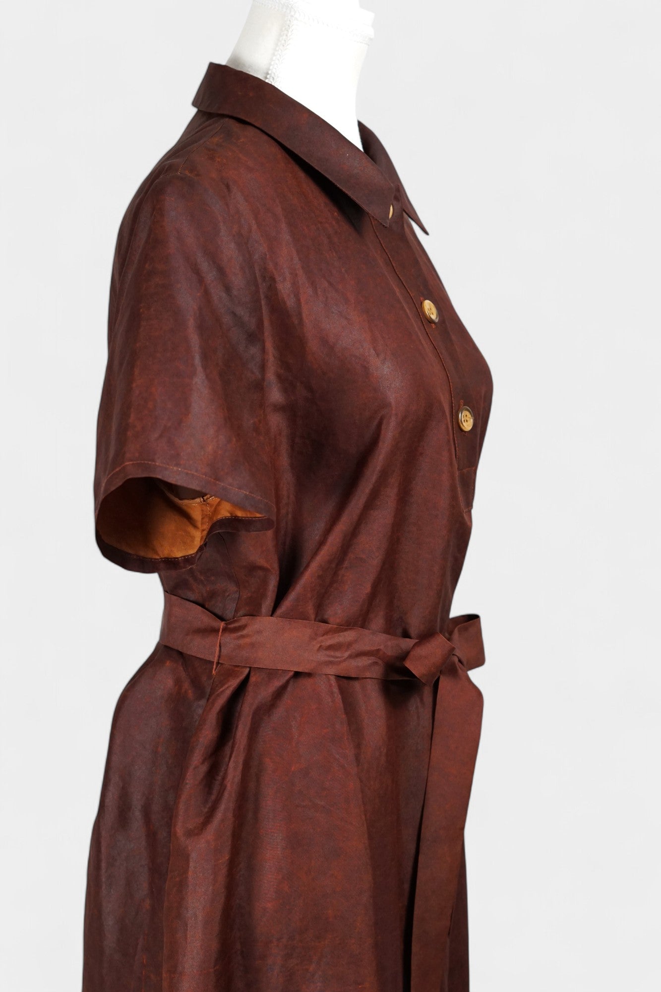 Gambiered Guangdong Gauze Silk Dress | Red-Brown Short Sleeve