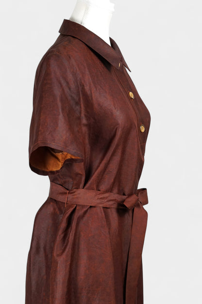 Gambiered Guangdong Gauze Silk Dress | Red-Brown Short Sleeve