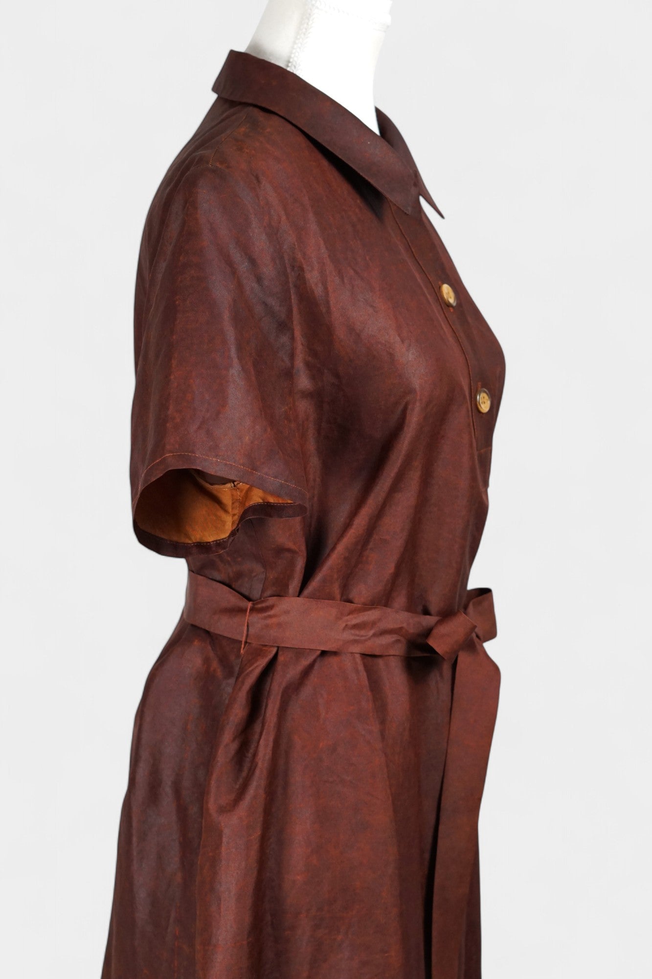 Gambiered Guangdong Gauze Silk Dress | Red-Brown Short Sleeve