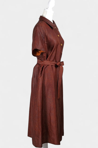 Gambiered Guangdong Gauze Silk Dress | Red-Brown Short Sleeve