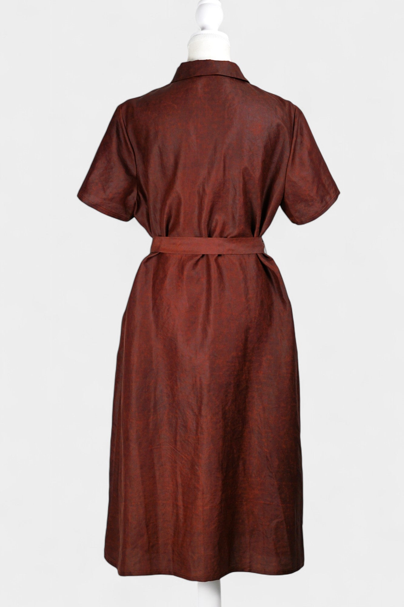Gambiered Guangdong Gauze Silk Dress | Red-Brown Short Sleeve