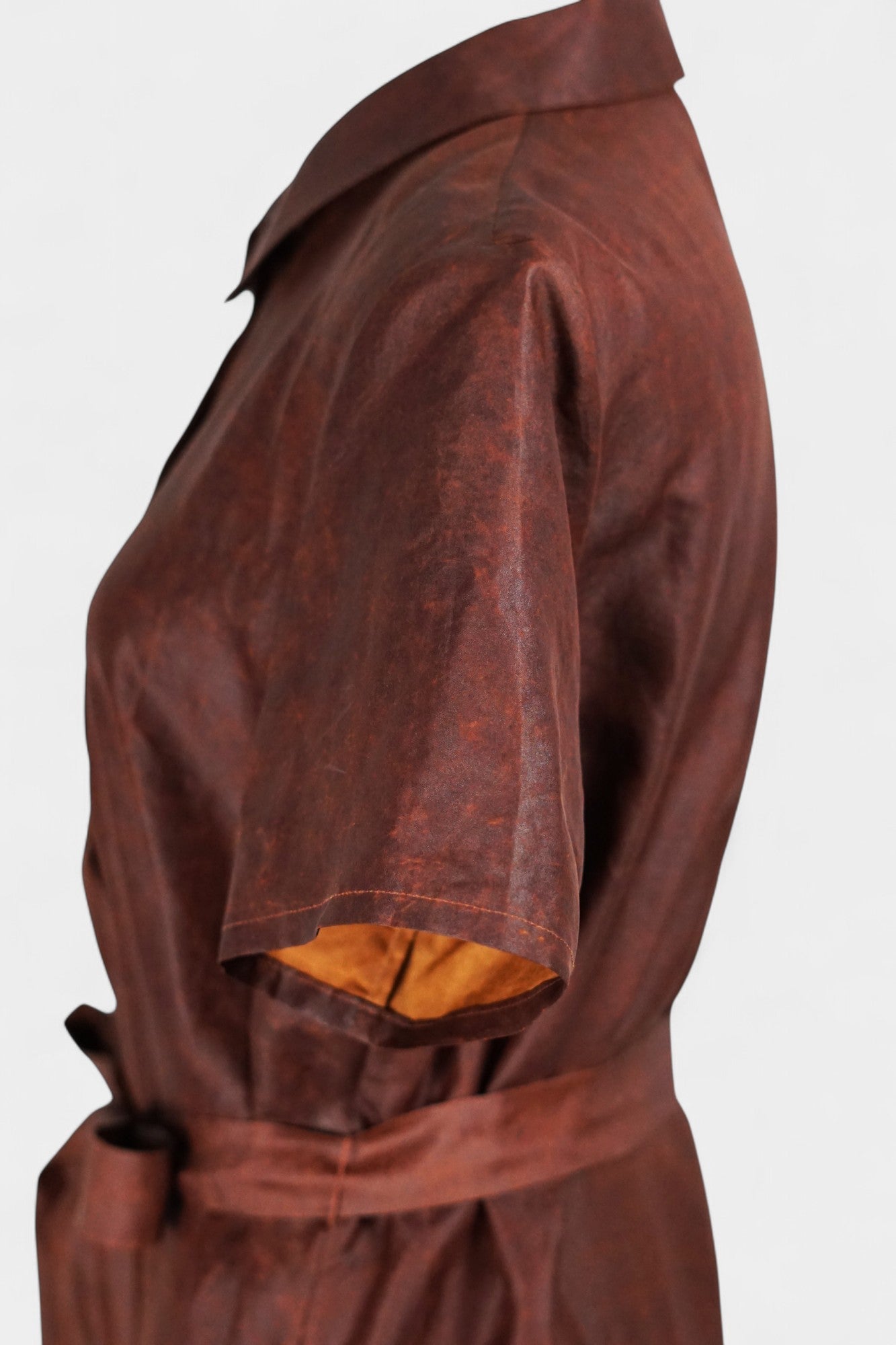 Gambiered Guangdong Gauze Silk Dress | Red-Brown Short Sleeve