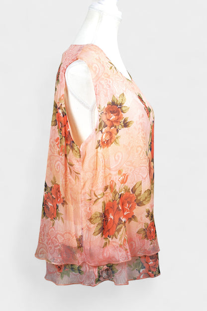 Floral Pink Mulberry Silk Sleeveless Top