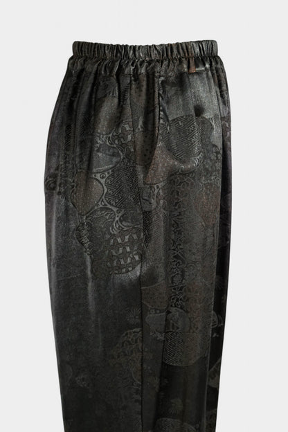 Handmade Gambiered Guangdong Gauze Silk Trousers | Black Floral Weave