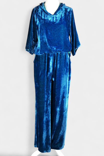 Blue Mulberry Silk Velvet Hooded Set