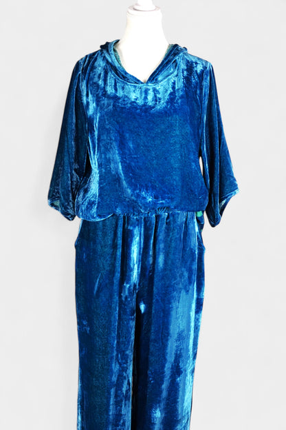 Blue Mulberry Silk Velvet Hooded Set